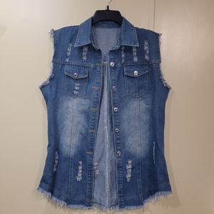 Distressed jean jacket sleeveless fake button down Size XL